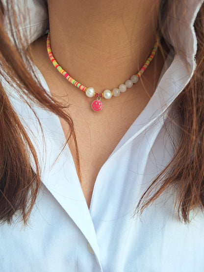 Choker artesanal de piedras naturales Cuarzo rosa y Perla