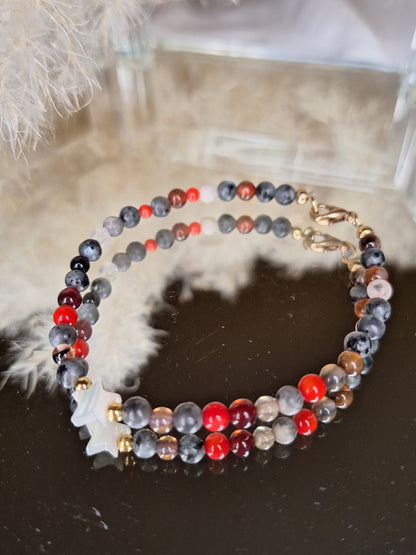 Pulsera artesanal de piedras naturales, Cuarzos mixtos surtidos y estrella Madre perla