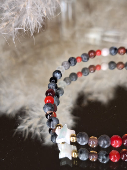 Pulsera artesanal de piedras naturales, Cuarzos mixtos surtidos y estrella Madre perla